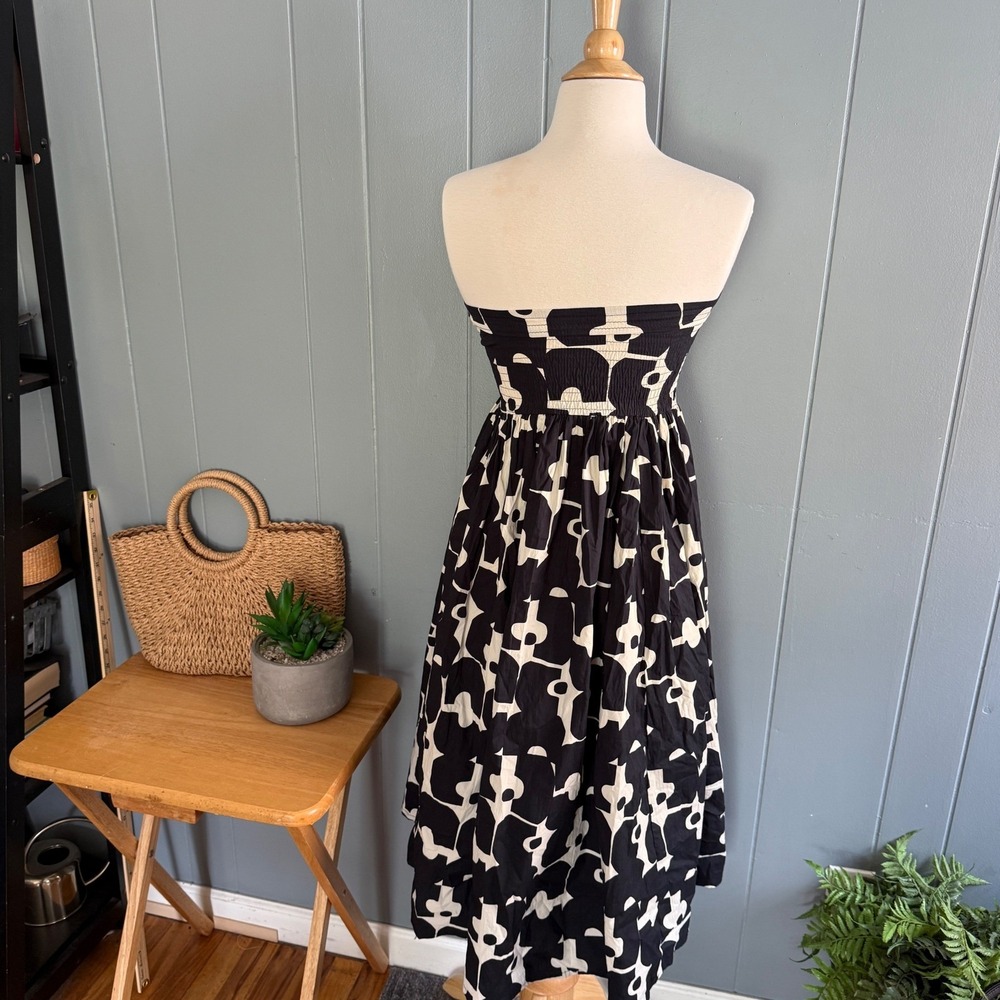 Bel Kazan Strapless Smocked Midi Dress Black Cream Geometric Abstract Boho Sz M - Picture 12 of 13